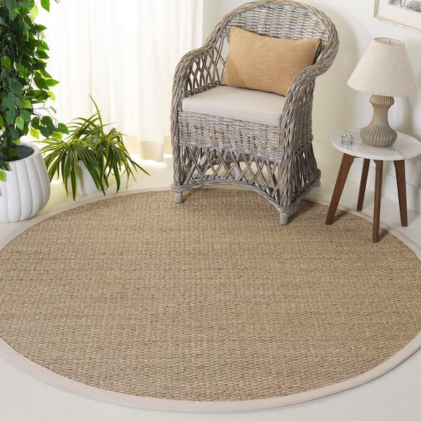 Natural Fiber 6 ft. x 6 ft. Natural/Ivory Abstract Solid Border Round Area Rug