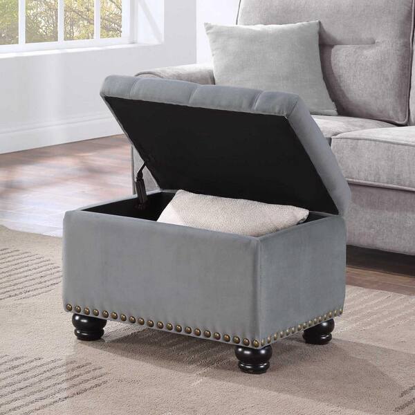 Gray velvet tufted storage ottoman discount