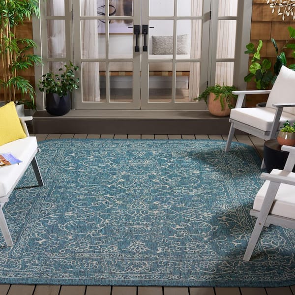 Courtyard 8 ft. x 10 ft. Navy/Ivory Border Floral Scroll Indoor/Outdoor Area Rug