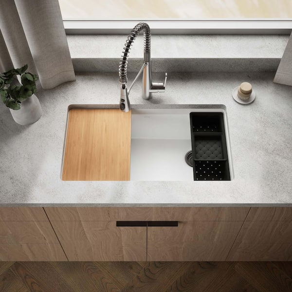 Lassen 33 in. Drop-in Single Bowl Granite Composite Kitchen Workstation Sink in Matte White with Faucet