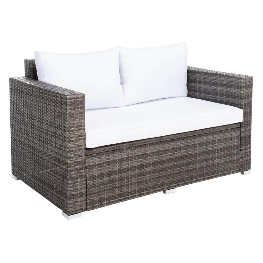Machie Grey Brown Wicker 3-Person Outdoor Living Set with White Cushions