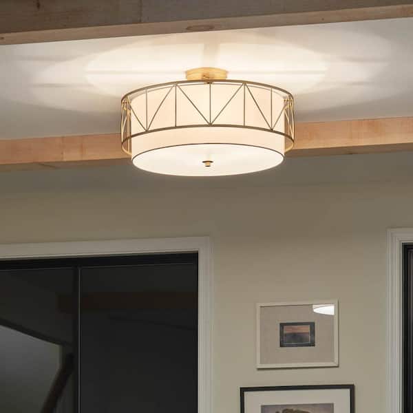 KICHLER Birkleigh 24 in. 4-Light Classic Gold Hallway Art Deco Semi-Flush Mount Ceiling Light with Satin Etched Glass