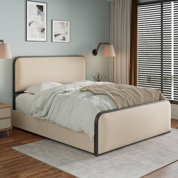 Alison Beige+Black Metal Frame Queen Size Platform Bed with Curved Upholstered Headboard, Footboard, 4 Storage Drawers