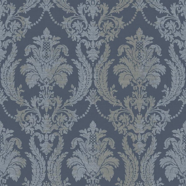 Unbranded Italian Style Blue Classic Floral Damask Luster Finish Vinyl on Non-Woven Non-Pasted Wallpaper Sample