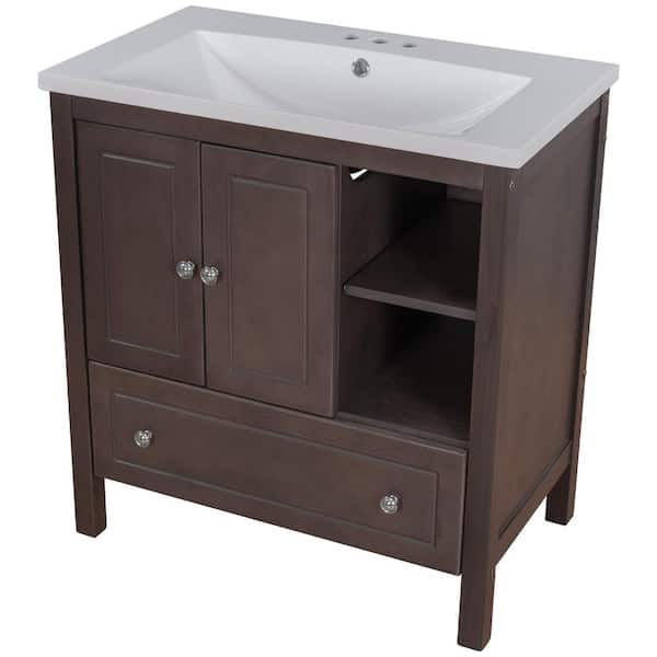 cadeninc 30 in. W x 18.03 in. D x 32.13 in. H Bathroom Vanity with Single Sink and White Ceramic Top, Doors and Drawers, Brown