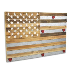 36 in. x 24 in. Brown, Grey Stars And Stripes Wood and Metal Wall Art 1-Piece