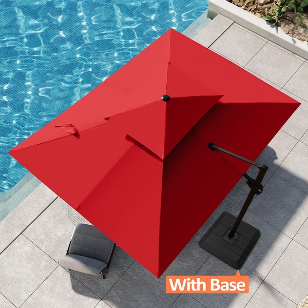 Pellebant Double Top 9 ft. x 12 ft. Rectangular Aluminum 360° Swivel Cantilever Patio Umbrella in Red with Umbrella Base