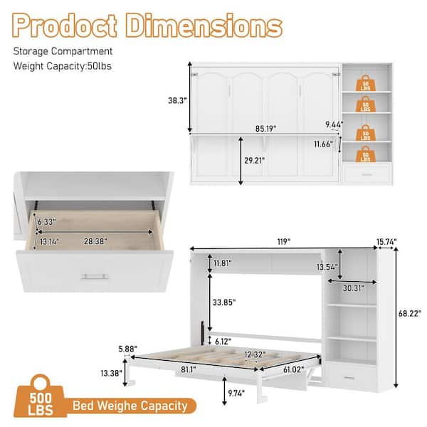 White Wood Frame Queen Size Murphy Bed Wall Bed with Left-Side or Right-Side Storage Bookcase and Adjustable Shelf