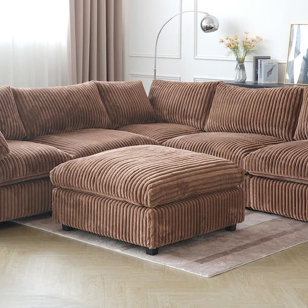 118 in. Modular Brown Plush Velvet Cal King Size 5-Seat Convertible Sleeper Sofa Bed with Ottoman and Washable Covers