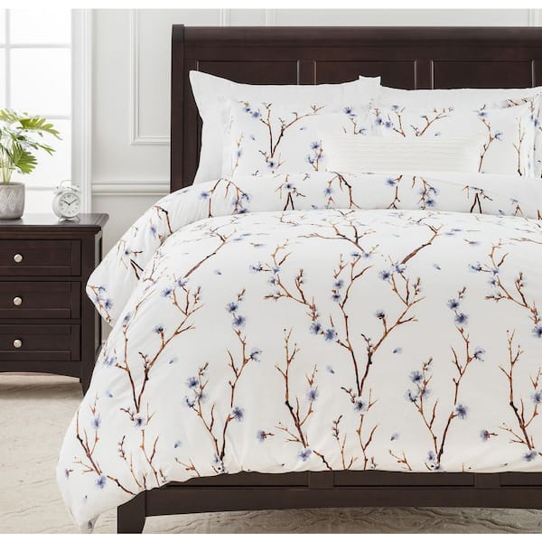 Chanasya Violet Sakura Cherry Blossom Print Microfiber Duvet Cover Set, Queen Size