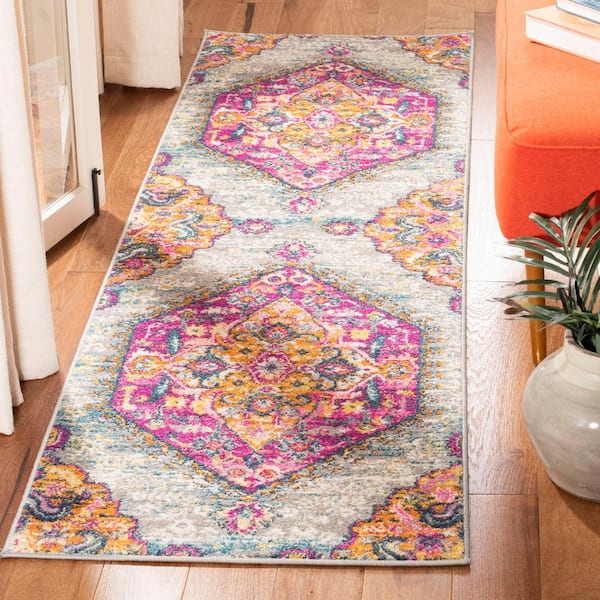 Madison Light Gray/Fuchsia 2 ft. x 12 ft. Border Floral Striped Runner Rug