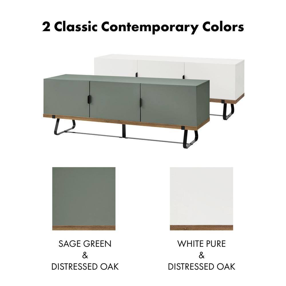 Sage Green and Distressed Oak Modern TV Stand with Cabinet