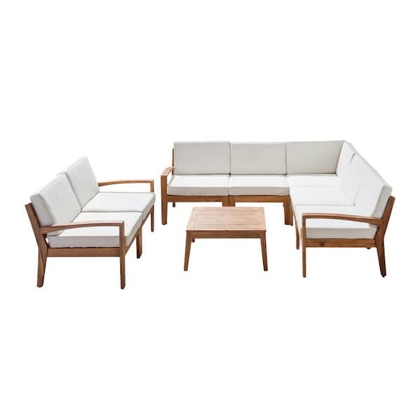 Grenada Teak Brown 8-Piece Wood Outdoor Patio Conversation Set with Cream Cushions