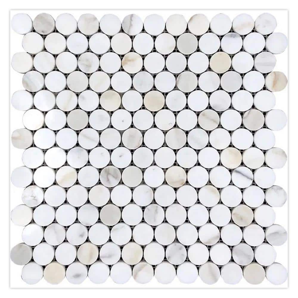 Serena 11 in. x 12 in. Polished White Gray Calacatta Gold Marble Mosaic Penny Round Tile (4.47 sq. ft./case) 5-Pack price history on PriceWatchPro