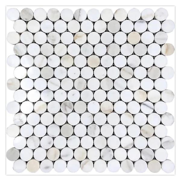 Serena 11 in. x 12 in. Polished White Gray Marble Mosaic Penny Round Wall and Floor Tile (4.47 sq. ft./case)-5 Pack