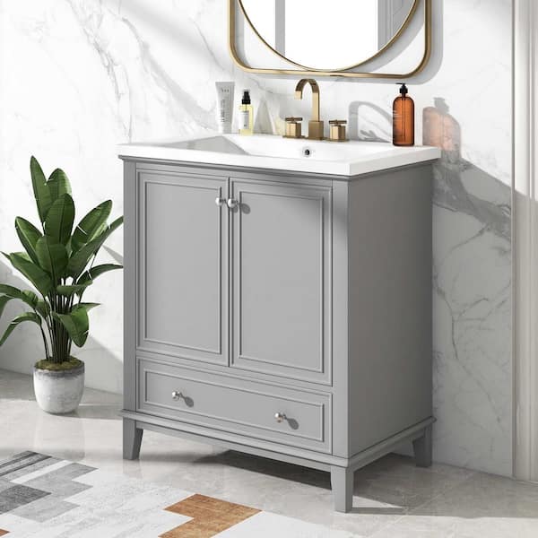 Polibi 30 in. W Single Sink Freestanding Bath Vanity in Gray with White Ceramic Top, 2 Doors and 1 Drawer