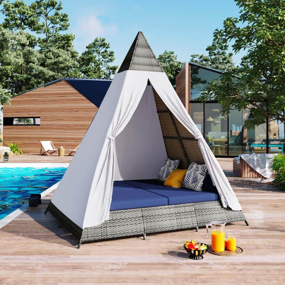 90.5 in. Outdoor Chaise Lounges, Tent Shape Wicker Outdoor Couch with Cushi