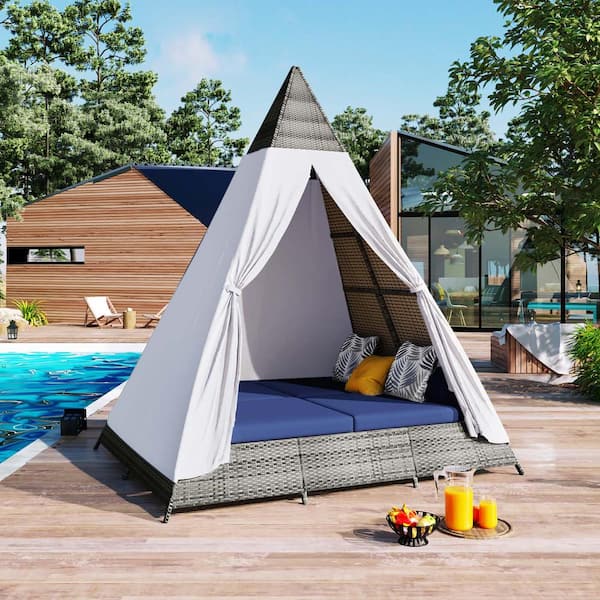 Unbranded 90.5 in. Outdoor Chaise Lounges, Tent Shape Wicker Outdoor Couch with Cushion, Gray and Blue Outdoor Daybed Recliner