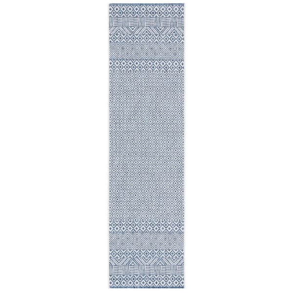 SAFAVIEH Courtyard Blue/Navy 2 ft. x 14 ft. Geometric Diamond Indoor/Outdoor Patio  Runner Rug