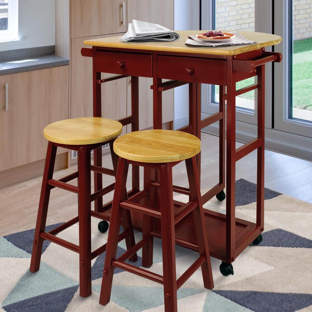 Round Red Butcher Block Kitchen Cart with Drop-Leaf and Storage