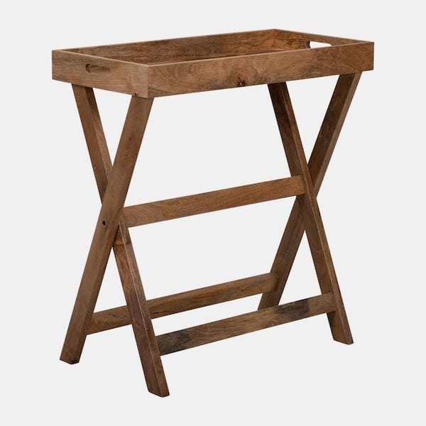 Benjara 15 in. W x 32 in. H x 30 in. Rectangular Brown Wood TV Tray with Foldable Legs and Cutout Handles