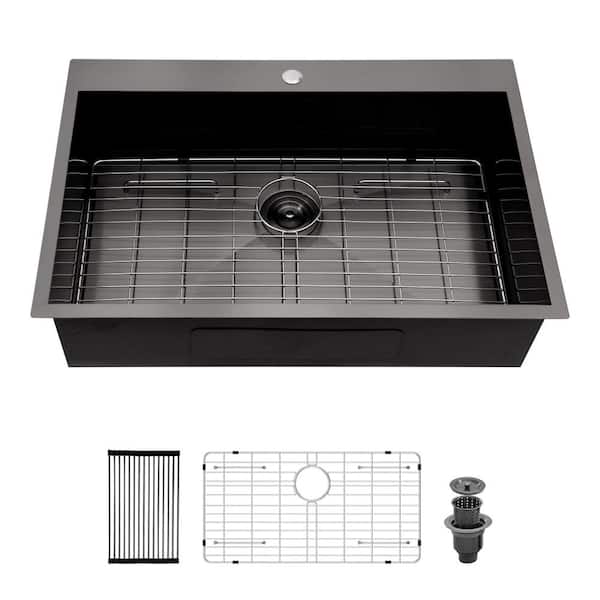 YSQCAR 30 in. x 22 in. Drop-in Single Bowl Gunmetal Black Stainless Steel Kitchen Sink with Bottom Grid and Drain Assembly