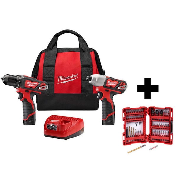 Milwaukee 2494-22-48-32-4024 M12 12V Lithium-Ion Cordless Drill Driver/Impact Driver Combo Kit (2-Tool) with SHOCKWAVEDriver Bit Set (50-Piece) - 1