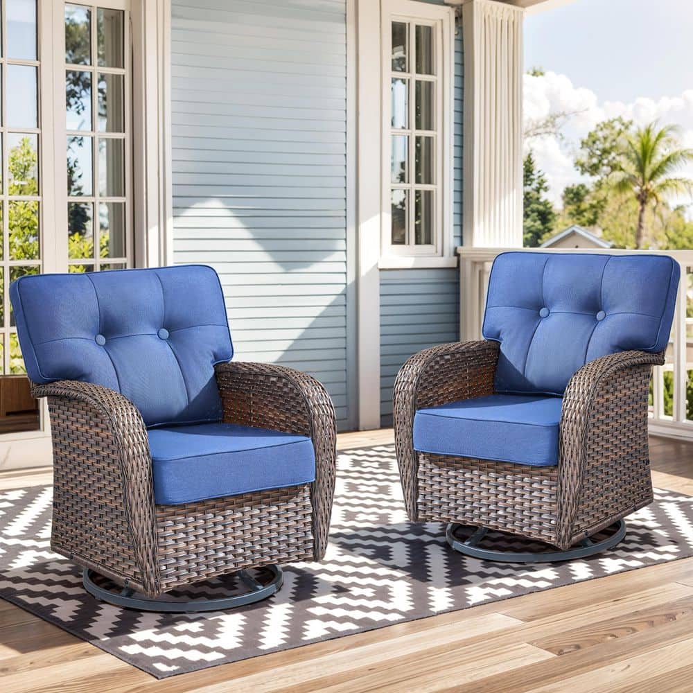 Tidalis 2-Person Outdoor Wicker Swivel Glider Chair Set Patio Bistro Set of 2 with 5 in. Thick Blue Cushion for Porch price history on PriceWatchPro