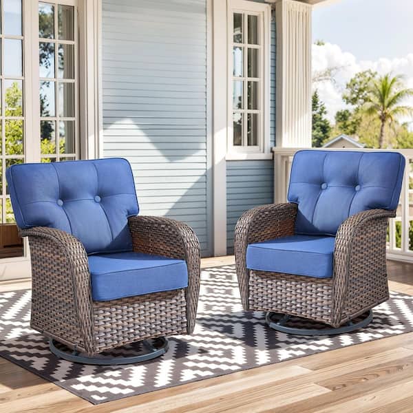 Tidalis 2-Person Outdoor Wicker Swivel Glider Chair Set Patio Bistro Set of 2 with 5 in. Thick Blue Cushion for Porch
