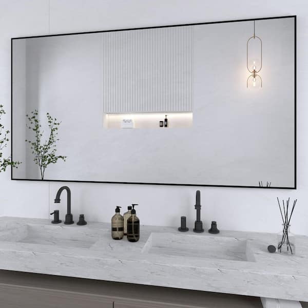 Klajowp 55 in. W x 30 in. H Large Rectangular Aluminum Alloy Framed Wall Mounted Bathroom Vanity Mirror in Black