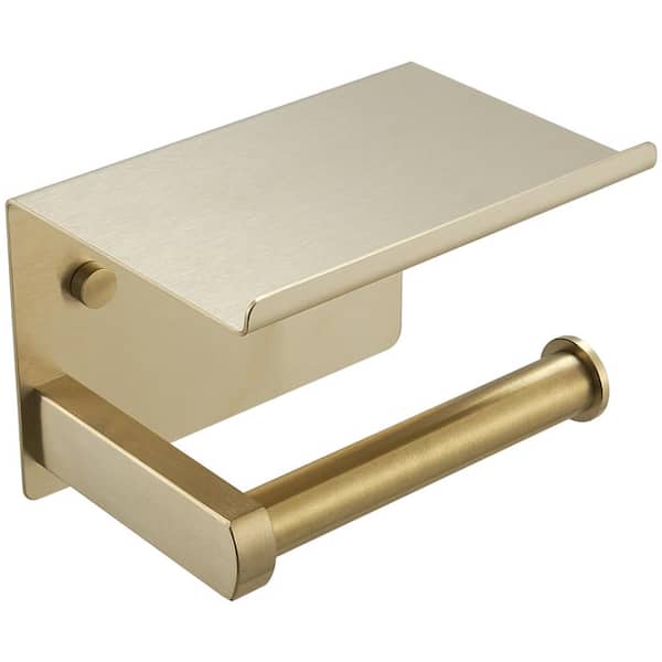 BWE Wall Mounted Stainless Steel Toilet Paper Holder Tissue Roll Holder Hanger with Phone Shelf in Brushed Gold