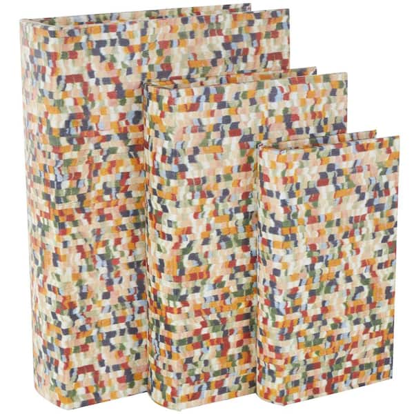Litton Lane Rectangle Faux Leather Faux Book Storage Box with Multi-Colored Geometric Patterns (Set of 3)