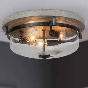 Industrial Black Drum Flush Mount with Clear Seeded Glass Shade with Grey Plate, 3-Light Modern Kitchen Ceiling Light