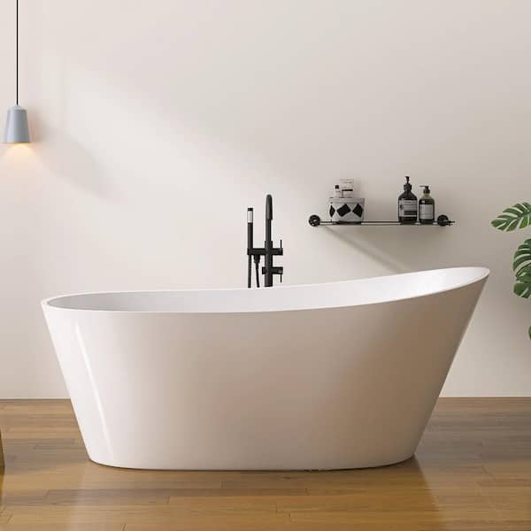 Xspracer Foyil 67 in. Acrylic Flatbottom Alcove Freestanding Soaking Non-Whirlpool Bathtub in White with Brass Drain