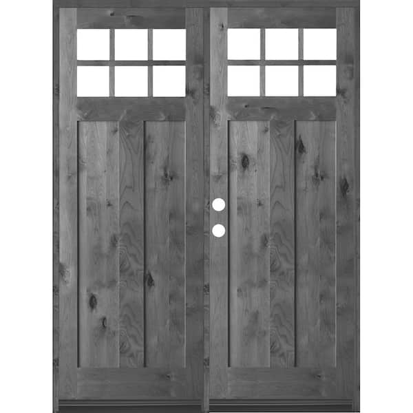 Krosswood Doors 64 in. x 96 in. Craftsman Knotty Alder Right-Hand/Inswing Double 6-Lite Clear Glass Grey Stain Wood Prehung Front Door