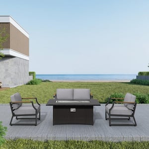 Sera Black 4-Piece Wicker Patio Fire Pit Conversation Set with Gray Cushions