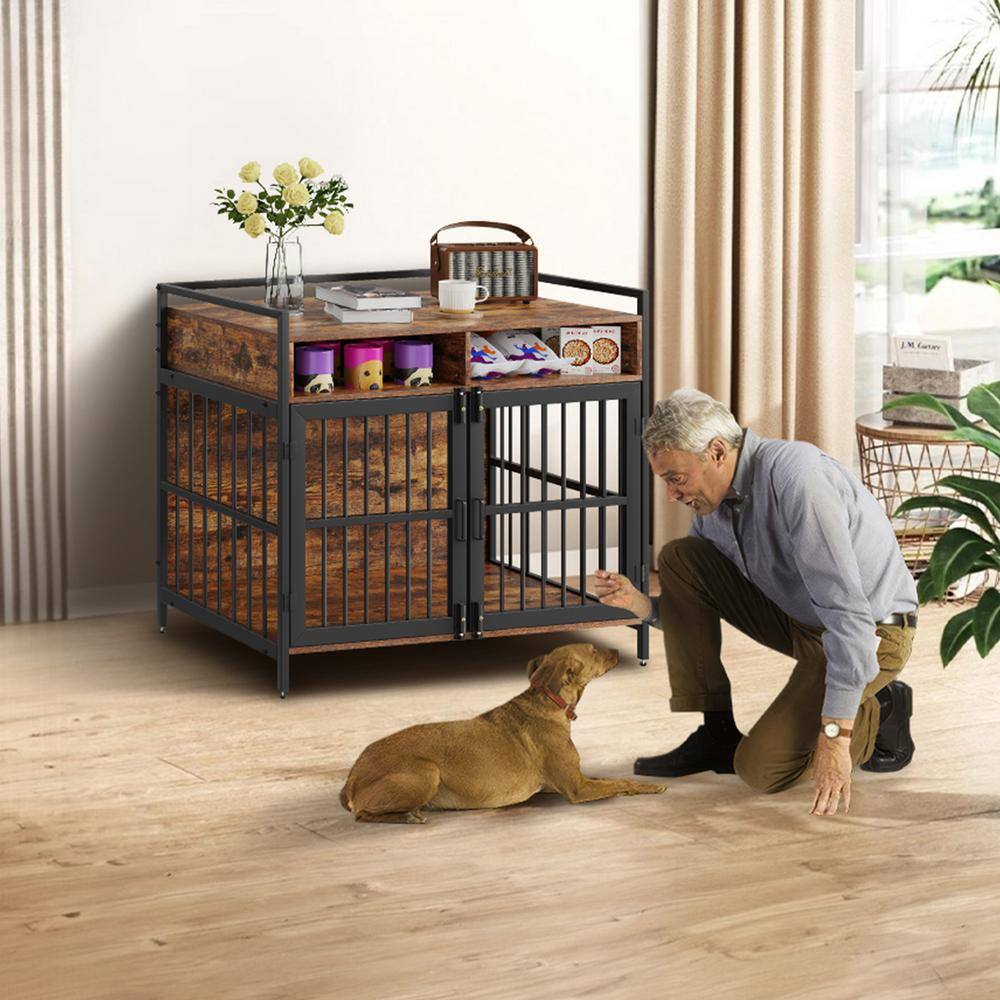 Large Rustic Brown Wooden Dog Crate with Storage