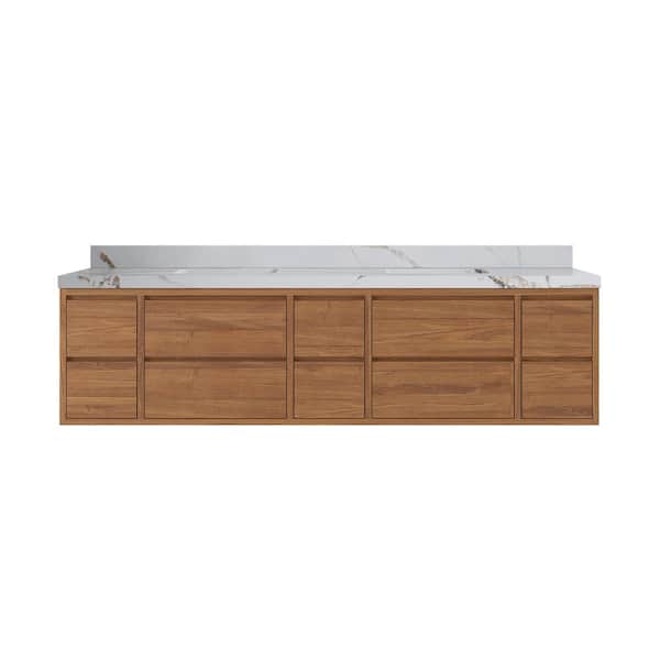 Willow Collections Madison Float 84 in. W x 22 in. D x 36 in. H Double Sink Bath Vanity in Dark Natural with 2" Calacatta Gold Top