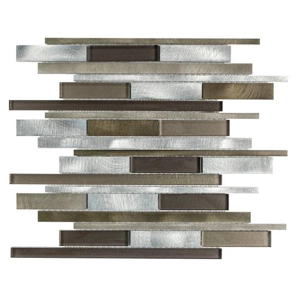 Merola Tile Fusion Linear Champagne 11-7/8 in. x 12-1/8 in. x 6 mm Brushed Aluminum and Glass Mosaic Tile