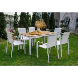 Luxury White 7-Pieces Metal Outdoor Dining Set Faux Wood Tabletop