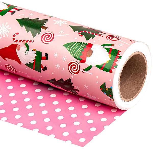 17 in. x 33 ft. Christmas Wrapping Paper, Red Green Gnome and Candy Cane Printed for Chrsitmas Holiday Party Celebration