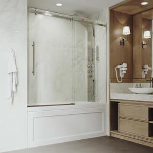 Luca 56 to 60 in. W x 58 in. H Sliding Frameless Tub Door in Stainless Steel with 3/8 in. (10mm) Clear Glass