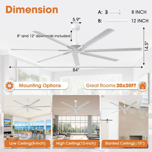 Parrot Uncle 84 in. Indoor Industrial Matte White 7-Blade Downrod