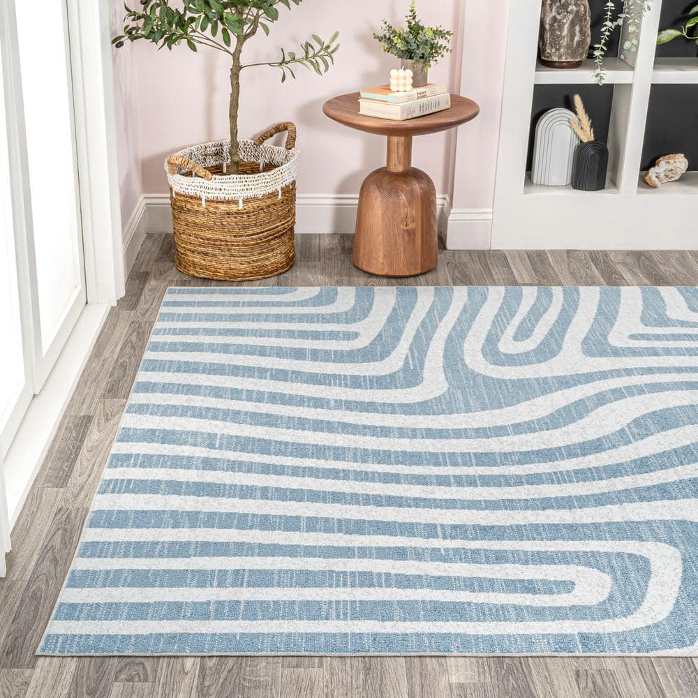 Blue and Cream Abstract Synthetic 4' x 6' Washable Area Rug