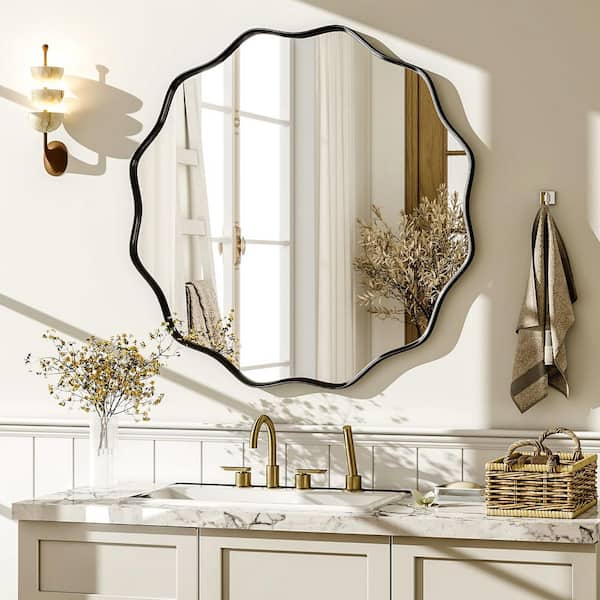 XRAMFY Black 24 in. W x 24 in. H Round Modern Aluminum Alloy Deep Framed with Decorative Border Vanity Mirror Wall Mirror