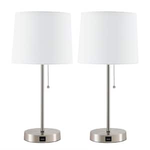 21 in. Brushed Nickel Modern Metal Table Lamp with White Fabric Shade with 2A USB Port (Set of 2)