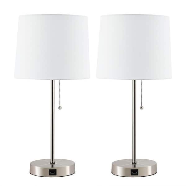 Merra 21 in. Brushed Nickel Modern Metal Table Lamp with White Fabric Shade with 2A USB Port (Set of 2)