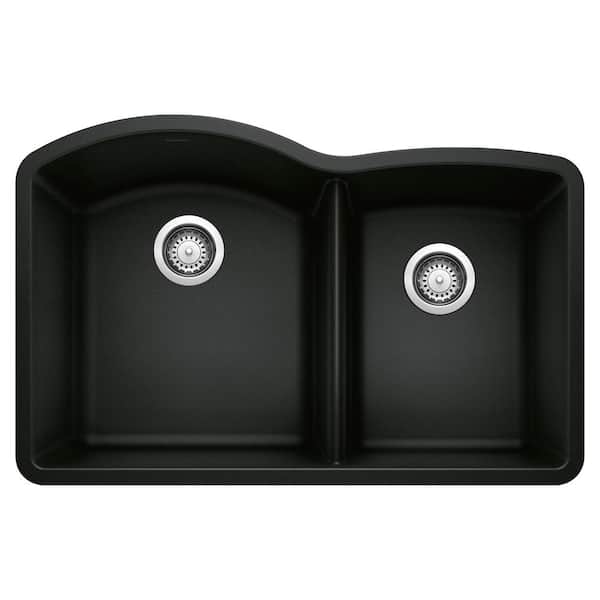 DIAMOND SILGRANIT Coal Black Granite Composite 32 in. Double Bowl Undermount Kitchen Sink