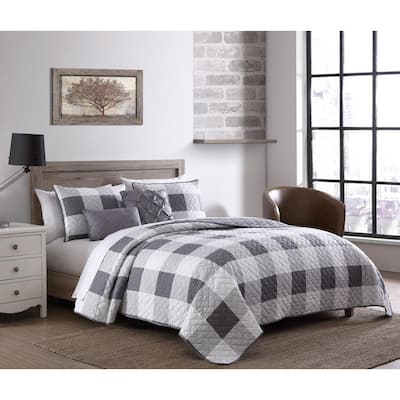 Buffalo Plaid 5-Piece Gray/White Queen Quilt Set with Throw Pillows