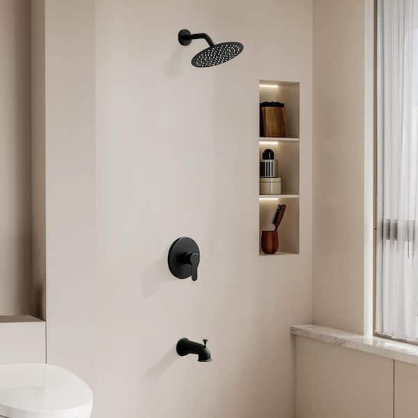 1-Spray Patterns with 1.8 GPM 7.87 in. Round Wall Mount Rain Fixed Shower Head with Tub Spout in Black